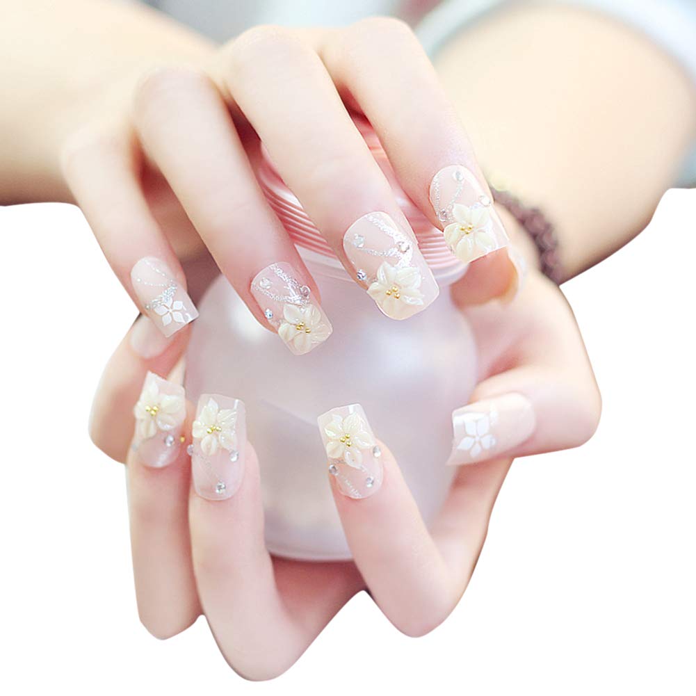 24 Pcs White Peach Blossom Artificial False Nails Stickers Faux Jewels False nails Nails Tips Nails Decor