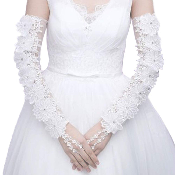 Elegant 3D White Floral Lace Wedding Gloves Fingerless Sleeve for Bride Extra Long