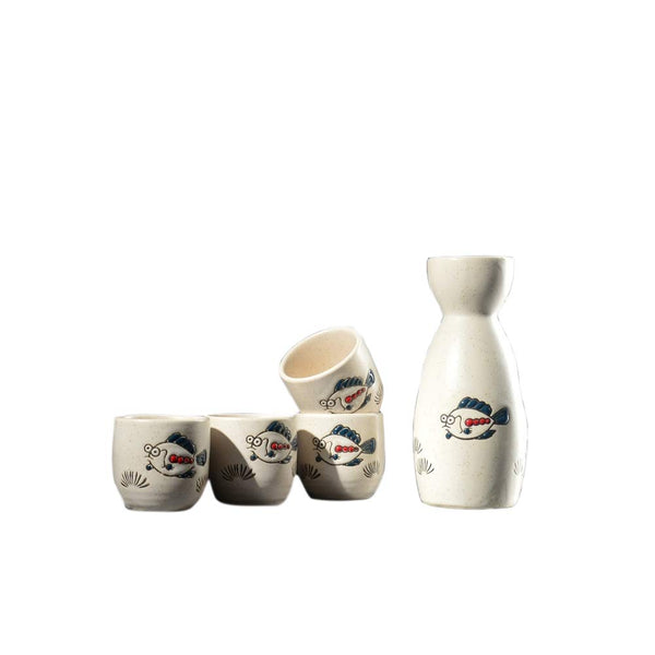 Japanese Style Ceramic Sake Sets 1 Decanter with 4 Cups (Fishes)