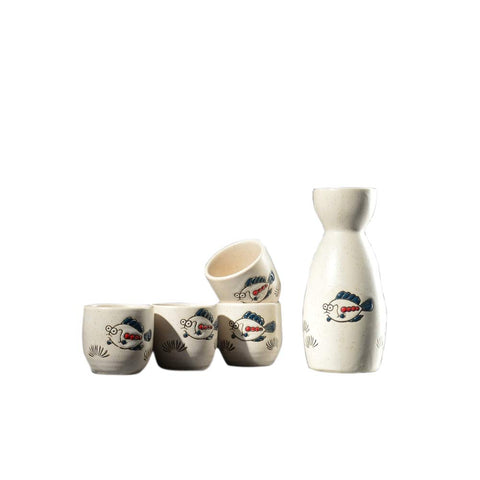 Japanese Style Ceramic Sake Sets 1 Decanter with 4 Cups (Fishes)