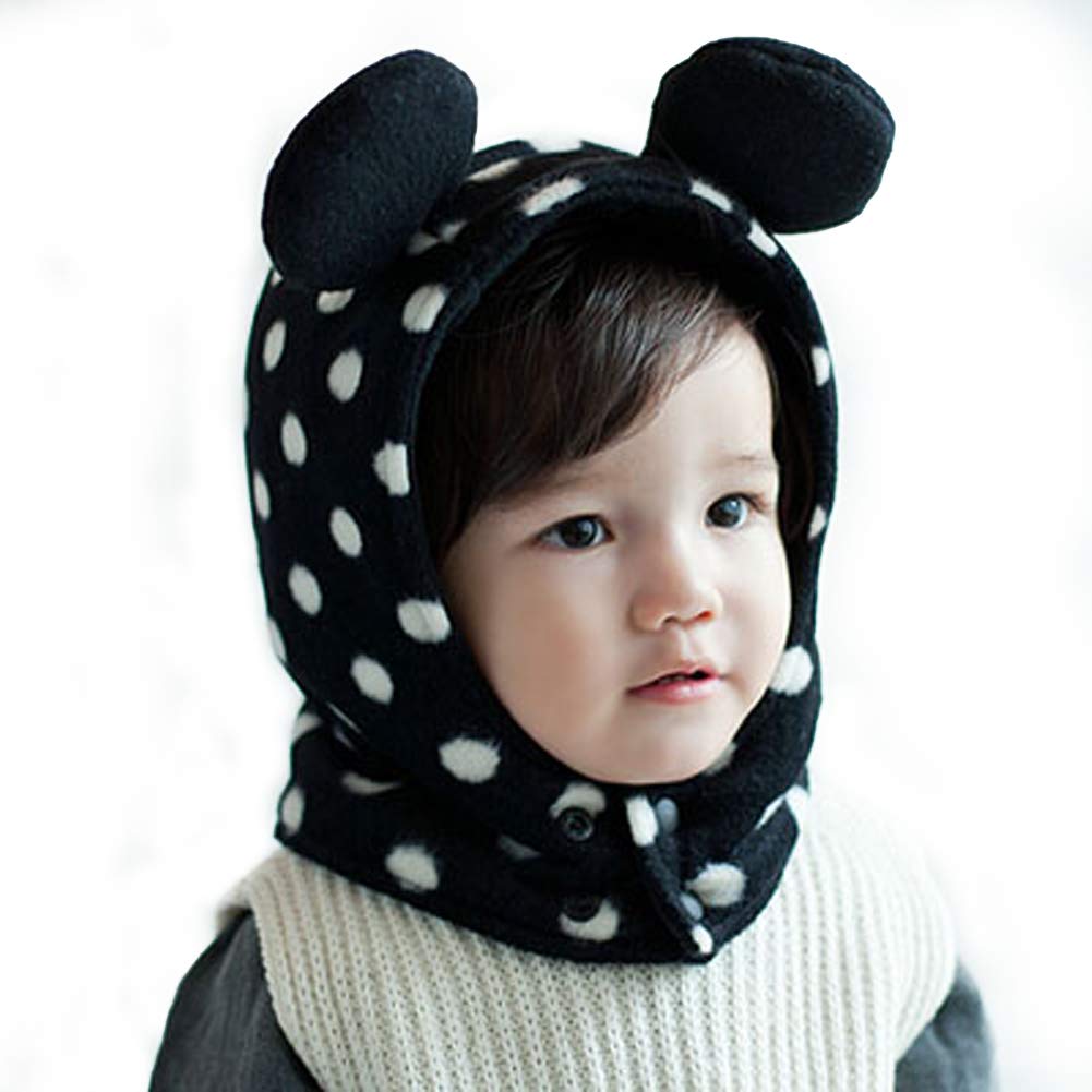 Lovely Baby Winter Conjoined Shawl Warm Cap Bear Plush Hat Unique Dots Woolen Baby Hat Black
