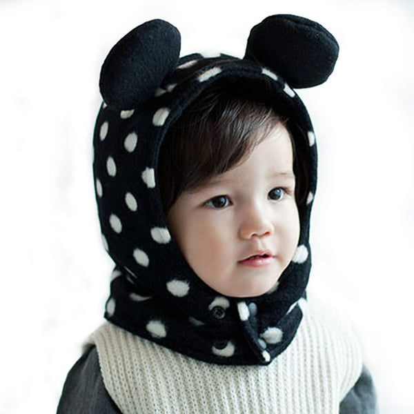 Lovely Baby Winter Conjoined Shawl Warm Cap Bear Plush Hat Unique Dots Woolen Baby Hat Black