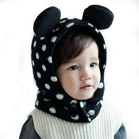 Lovely Baby Winter Conjoined Shawl Warm Cap Bear Plush Hat Unique Dots Woolen Baby Hat Black