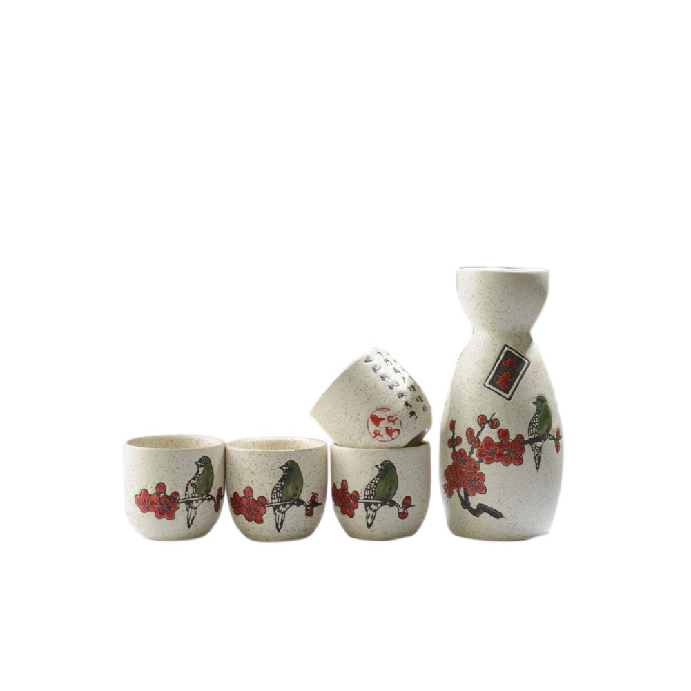 Japanese Style Ceramic Sake Sets 1 Decanter with 4 Cups (Flower and Birds)