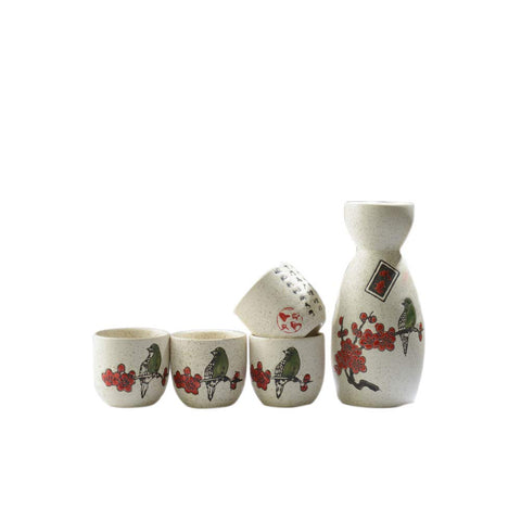 Japanese Style Ceramic Sake Sets 1 Decanter with 4 Cups (Flower and Birds)