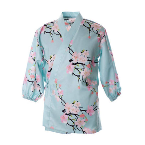 Japanese Style Vintage Chefs Clothes Kimono Style Half Sleeve Uniform Sushi Restaurant Waitress Workwear Blue (Sakura)