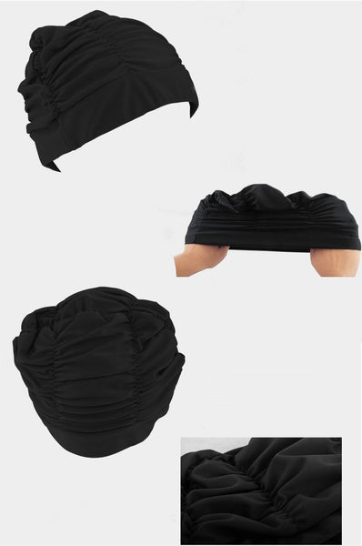 Swimming Caps Long Hair Swim Cap Pleated Cloth Fabric Swimcap Lycra Beanie Hat Peacock Black
