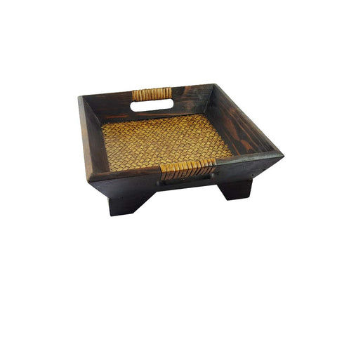 Chinashow Handmade Square Wooden Serving Tray - Vintage Rattan Trays with Handles for Breakfast/Dinner