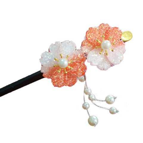 Chinese/Japanese Style Black Sandalwood Sakura Hairpin Vintage Pearl Hair Pins With Tassels