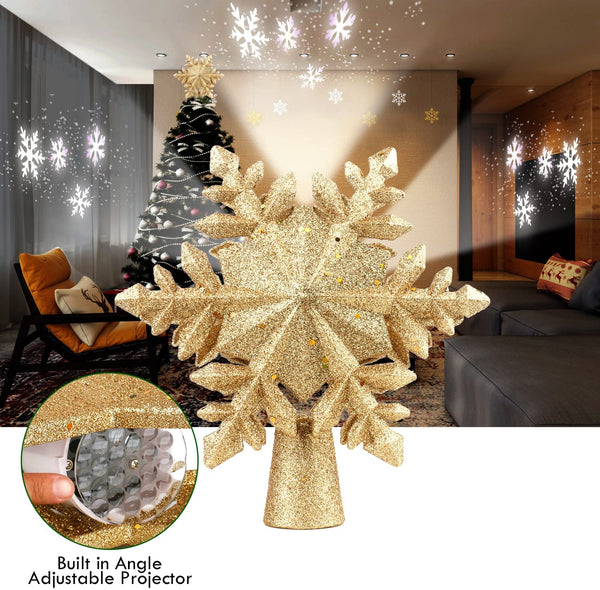 Christmas Tree Topper,Lighted Tree Topper with Rotating Snowflake LED Projector,3D Glitter Christmas Tree Toppers, Hollow Snowflake Tree Topper for Christmas Tree Decoration(Gold Tree Topper)