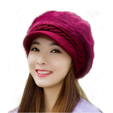 Winter Fashion Rabbit Wool Warm Hat Knitted Visor Beret Hat for Women Red