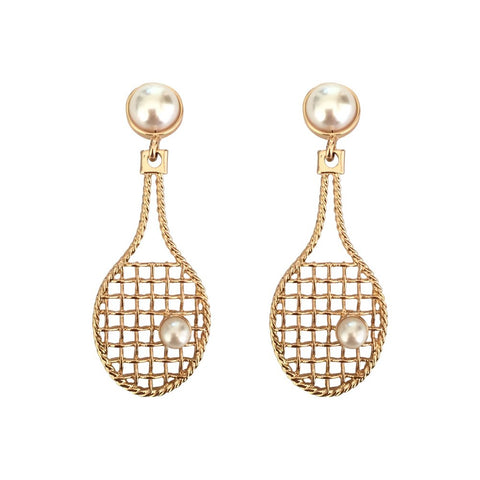 Set of 2 Sports Style Earrings Individuality Tennis Racket Earring Vintage Pearl Earrings Yellow