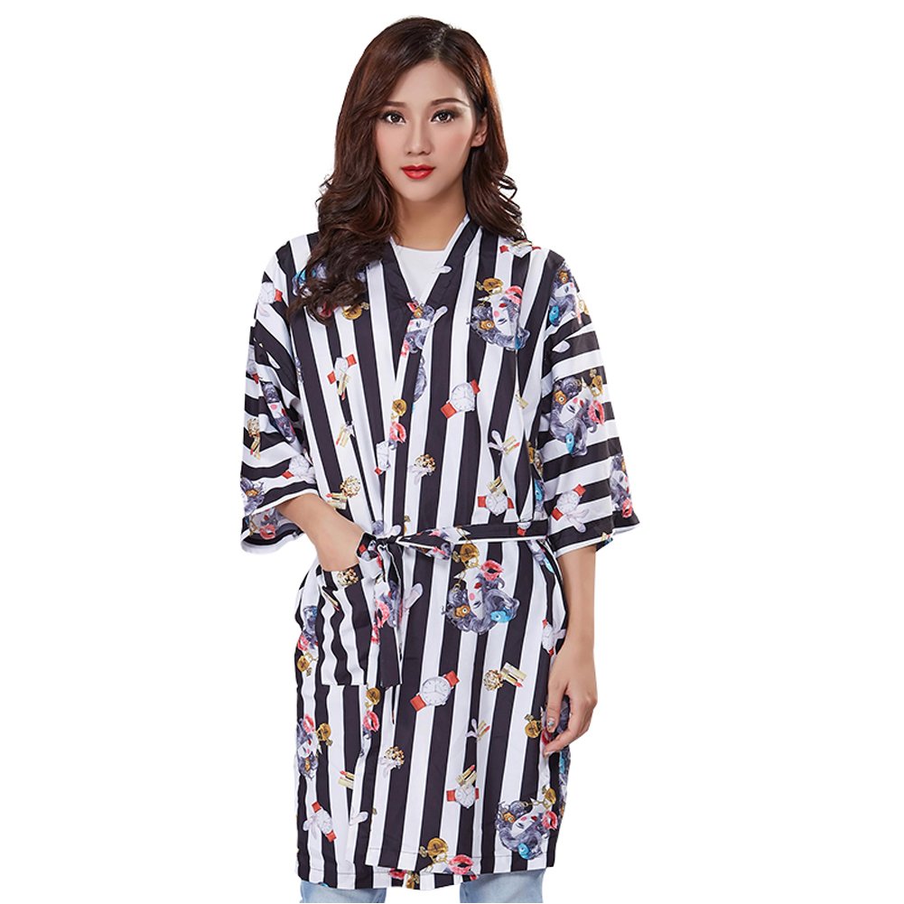 Kimono Style Face Print Salon Client Gown Robes Vertical Stripe Salon Smock