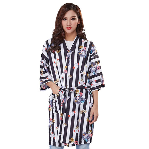 Kimono Style Face Print Salon Client Gown Robes Vertical Stripe Salon Smock