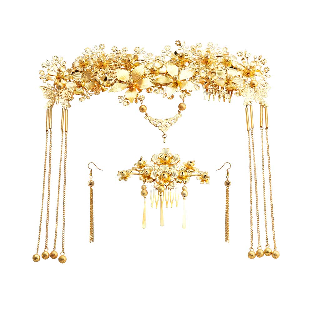 Chinese Style Traditional Bridal Hair Ornaments Wedding Hair Styling Side Comb Earrings Set Gold