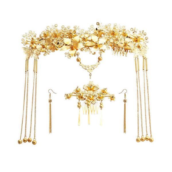 Chinese Style Traditional Bridal Hair Ornaments Wedding Hair Styling Side Comb Earrings Set Gold