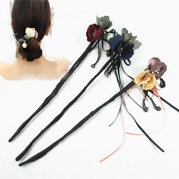 Fashion Red Floral Cloth Magic Clip Hair Twist Bun Maker Styling Tools for Hairstyle