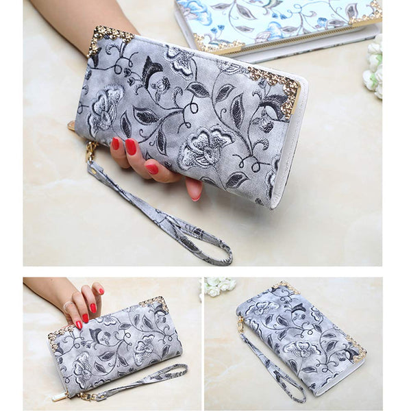 3.9 x 8.3 Inches Stylish Women Long Purse Floral PU Leather Wallet with Zippers Gray