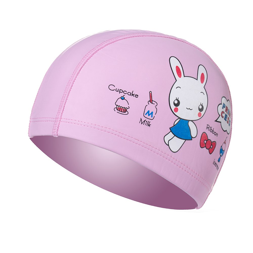 Waterproof PU Swim Caps for Kids Lovely Comfortable Cartoon Rabbit Printed Swim Cap Pink