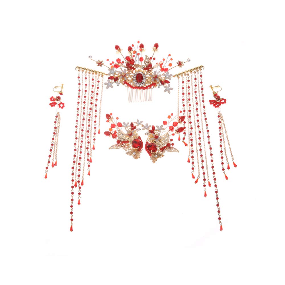 Chinese Ancient Bridal Hair Accessories With Styling Earrings Set Delicate Red Rhinestone Bead Hair Pins