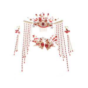 Chinese Ancient Bridal Hair Accessories With Styling Earrings Set Delicate Red Rhinestone Bead Hair Pins