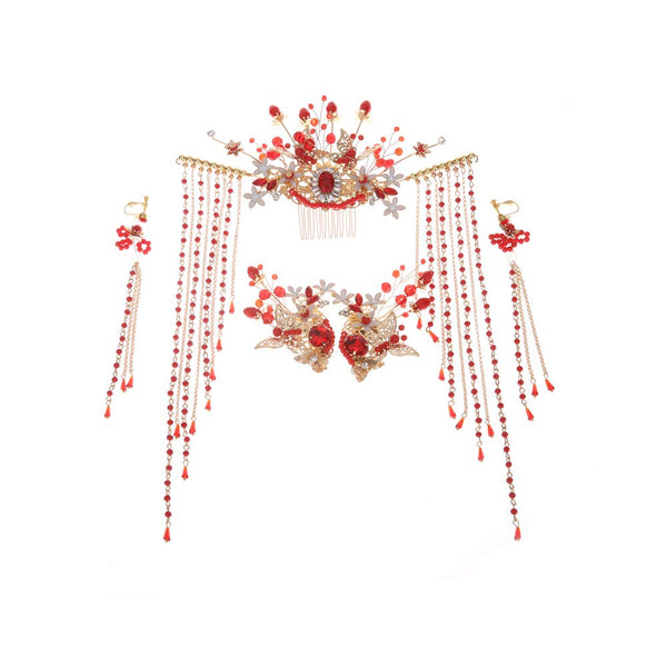 Chinese Ancient Bridal Hair Accessories With Styling Earrings Set Delicate Red Rhinestone Bead Hair Pins