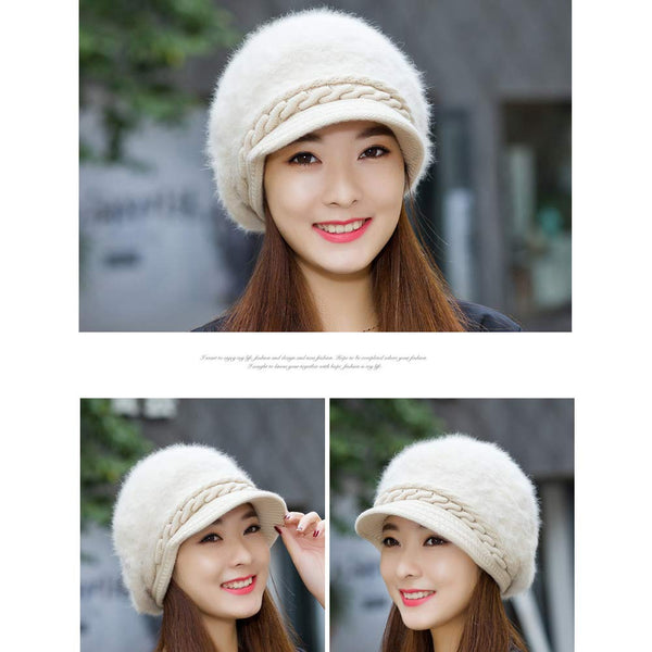 Winter Fashion Rabbit Wool Warm Hat Knitted Visor Beret Hat for Women White