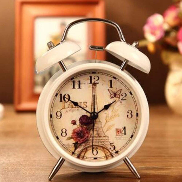 4" Twin Bell Alarm Clock with Backlight Battery Operated Loud Alarm Clock, Eiffel Tower and Flower White