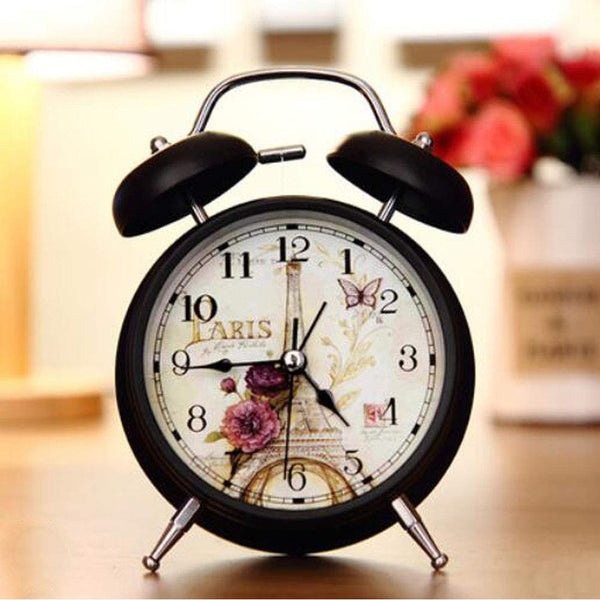 4" Twin Bell Alarm Clock with Backlight Battery Operated Loud Alarm Clock, Eiffel Tower and Flower Black