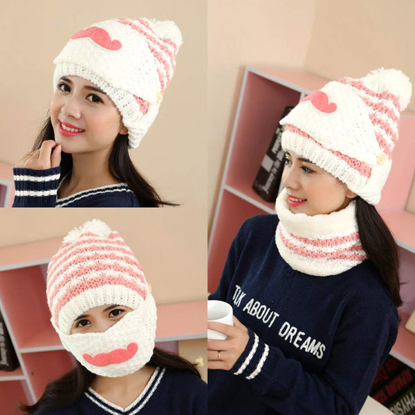Women's Lovely Moustache Winter Warm Hat Fleece Lined Knitted Cap Cycle Hat with Mask Pink