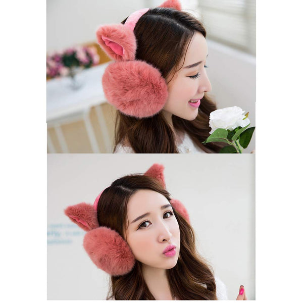 Adjustable Winter Ear Warmer Lovely Faux Fur Cat Ear Headband Claret