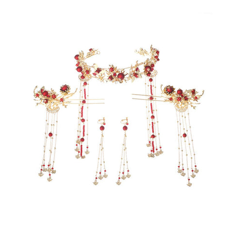 Chinese Traditional Bridal Hair Crown With Styling Earrings Set Vintage Red Beads Hair Pin