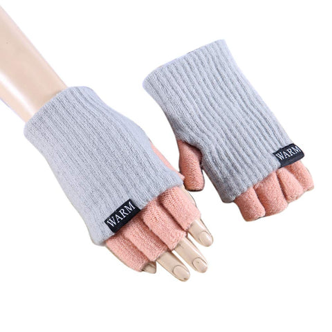 1 Pair Simple Style Woolen Gloves Half Finger Winter Warm Gloves for Women (Blue+Gray)