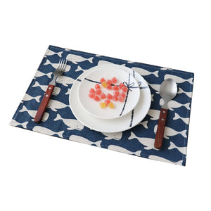 Whale-Print Cotton Linen Double Layers Washable Table Mat Set of 4 Heat Stain Resistant Placemat Blue