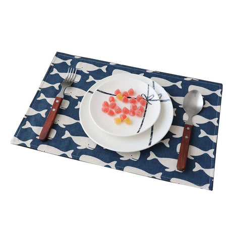 Whale-Print Cotton Linen Double Layers Washable Table Mat Set of 4 Heat Stain Resistant Placemat Blue