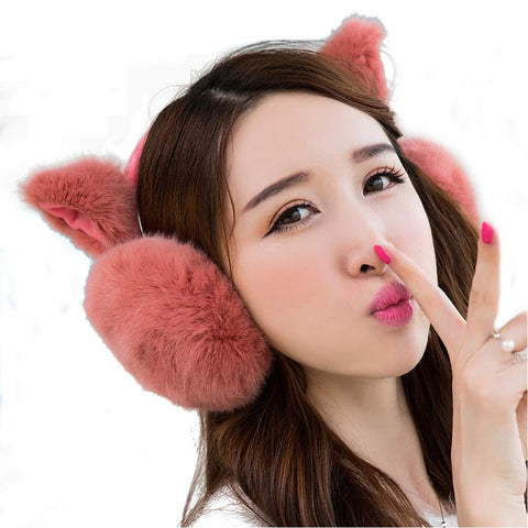 Adjustable Winter Ear Warmer Lovely Faux Fur Cat Ear Headband Claret