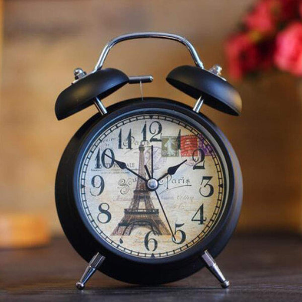4" Twin Bell Alarm Clock with Backlight Battery Operated Loud Alarm Clock, Eiffel Tower Black