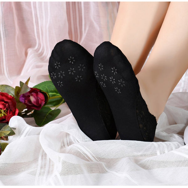5 Pairs Women No Show Liner Socks, Thin Casual Low Cut Socks Silk Lace Cotton Socks (Black)