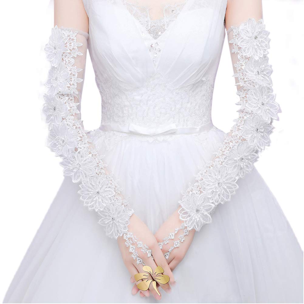 Elegant 3D White Floral Lace Wedding Gloves Fingerless Sleeve for Bride Extra Long