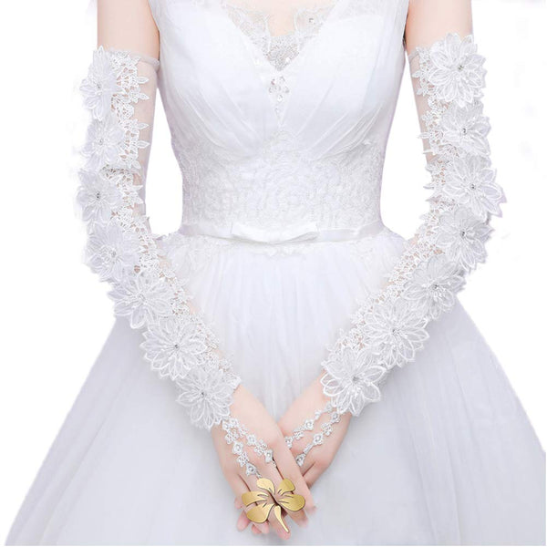 Elegant 3D White Floral Lace Wedding Gloves Fingerless Sleeve for Bride Extra Long