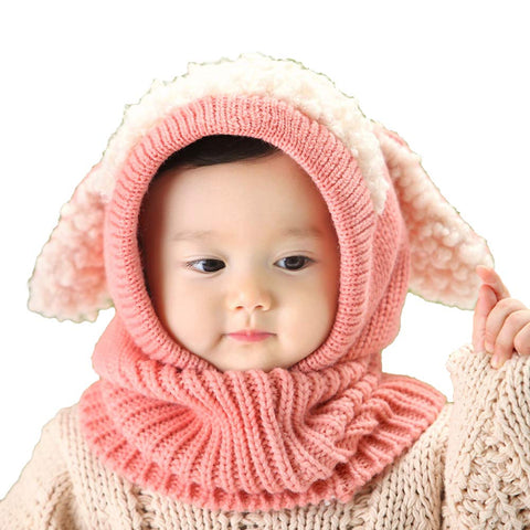 Lovely Baby Winter Warm Cap Knitted Rabbit Ears Hat Unique Woolen Baby Hat with Scarf Pink