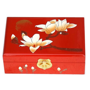 Two-Layer Wooden Jewelry Box Display Storage Case Treasure Chest Case with Lock, Magnolie Red