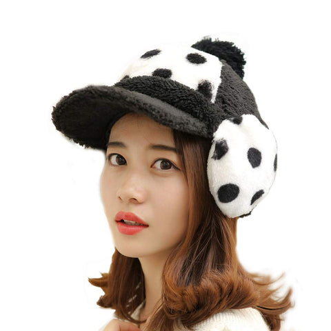 Creative Winter Hat with Ear Cover Warm Peaked Cap Fashion Dots Baseball Hat Black