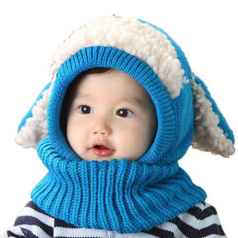Lovely Baby Winter Warm Cap Knitted Rabbit Ears Hat Unique Woolen Baby Hat with Scarf Blue