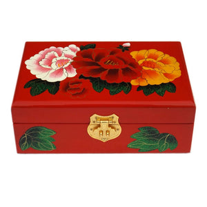 Two-Layer Wooden Jewelry Box Display Storage Case Treasure Chest Case with Lock, Four Peony Red