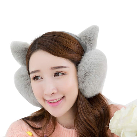 Adjustable Winter Ear Warmer Lovely Faux Fur Cat Ear Headband Gray