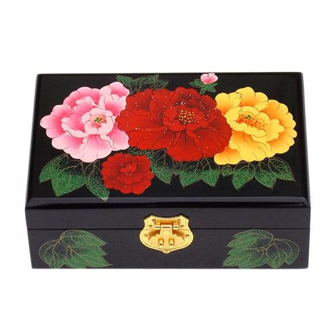 Two-Layer Wooden Jewelry Box Display Storage Case Treasure Chest Case with Lock, Four Peony Black