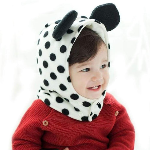 Lovely Baby Winter Conjoined Shawl Warm Cap Bear Plush Hat Unique Dots Woolen Baby Hat