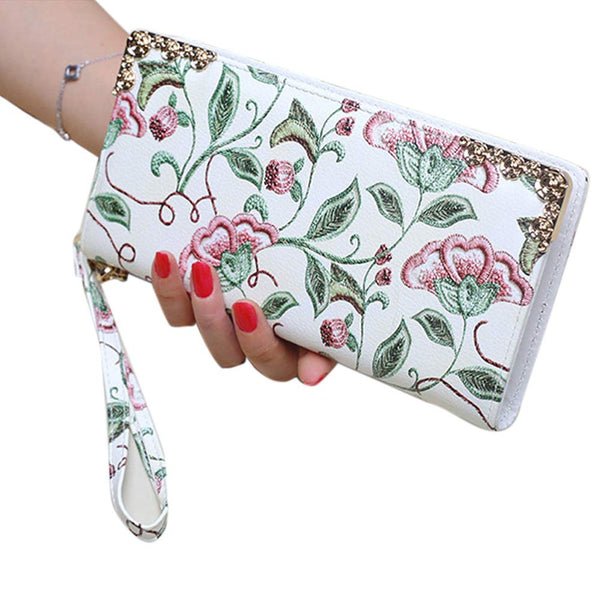 3.9 x 8.3 Inches Stylish Women Long Purse Floral PU Leather Wallet with Zippers White