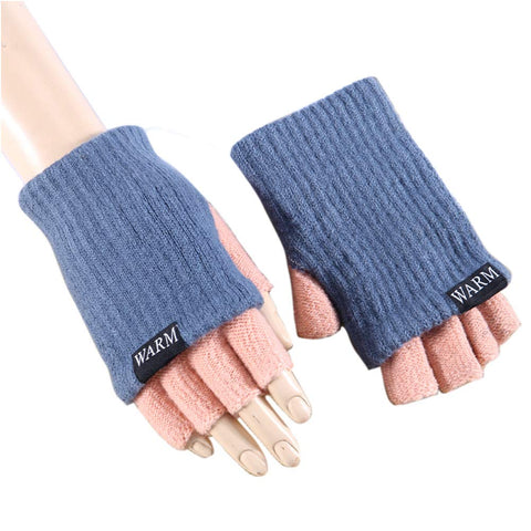 1 Pair Simple Style Woolen Gloves Half Finger Winter Warm Gloves for Women (Cyan+Pink)